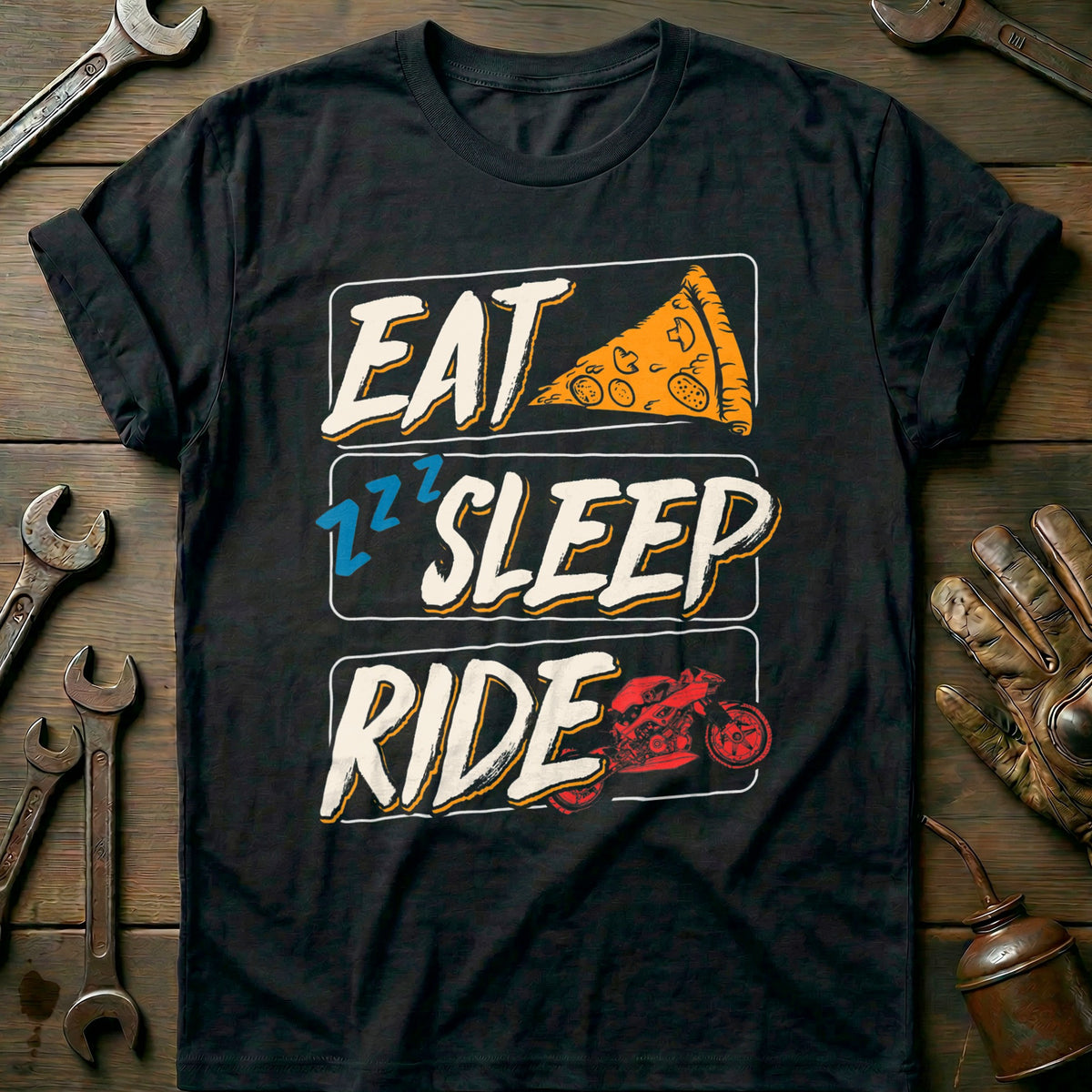 Black - Eat Pizza Sleep Ride T-Shirt