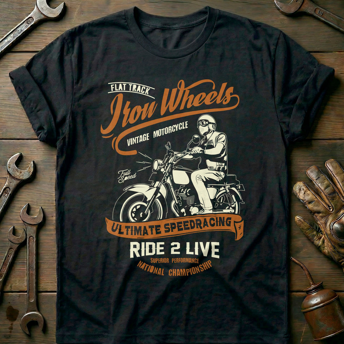 Black - Biker Iron Wheels T-Shirt