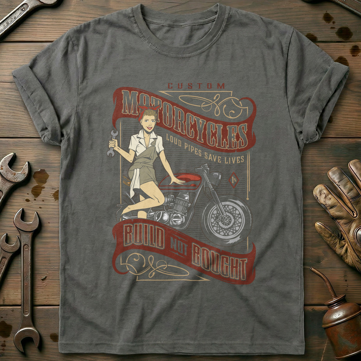 Charcoal - Motorcycles Pinup Girl Vintage T Shirt