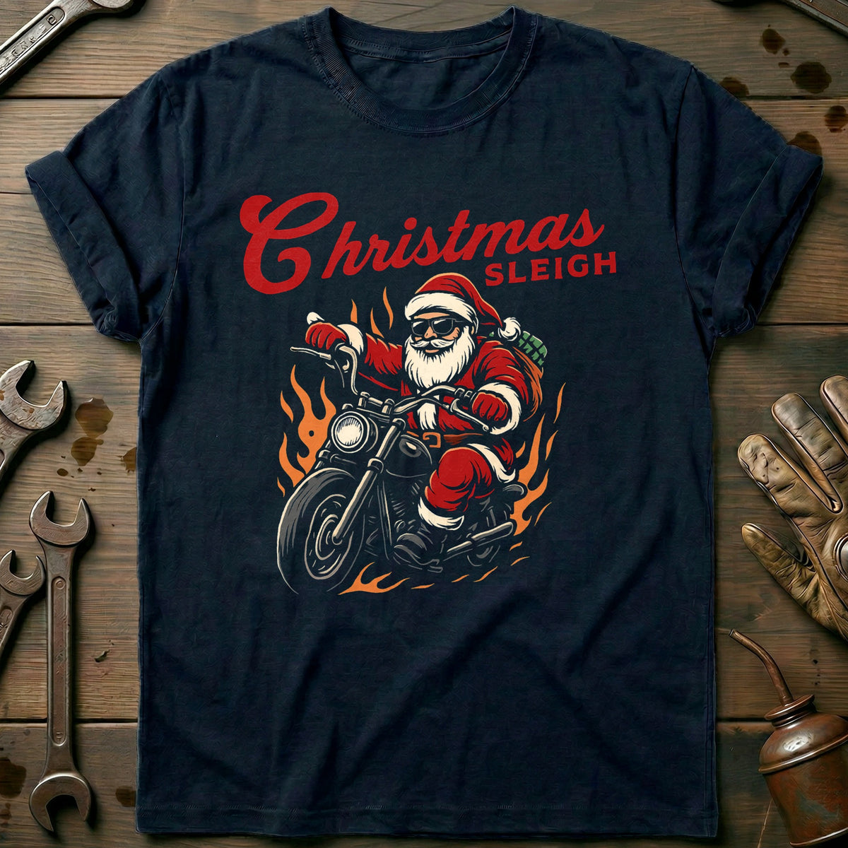 Navy - CHRISTMAS SLEIGH BIKER T Shirt