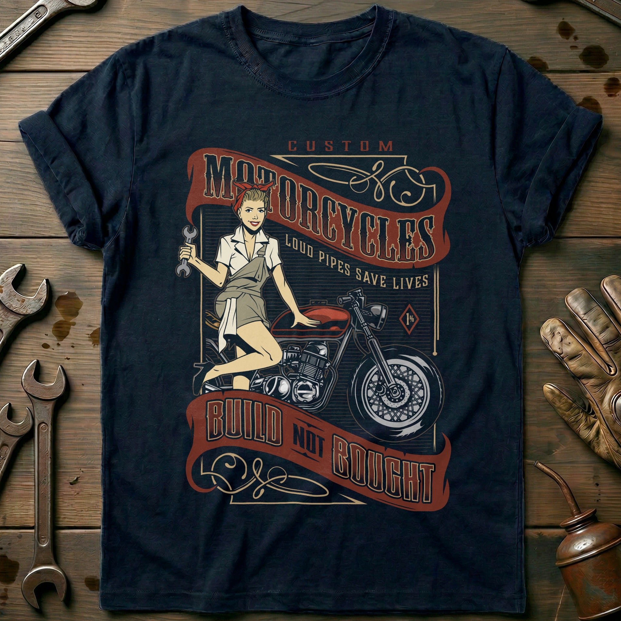 Navy - Motorcycles Pinup Girl Vintage T Shirt