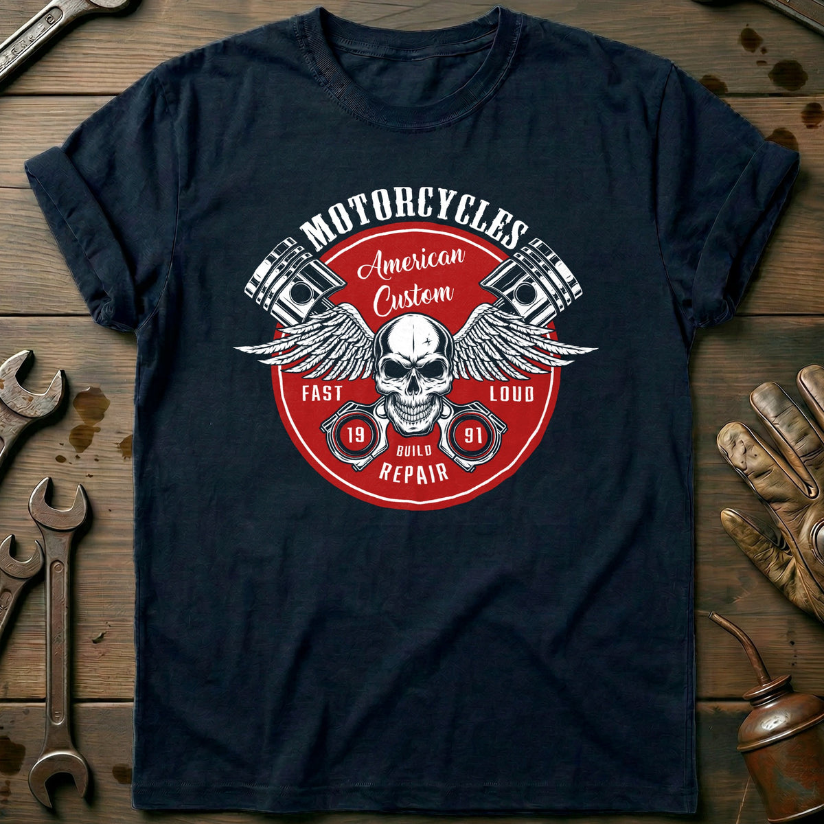 Navy - Piston wing skull vintage T Shirt