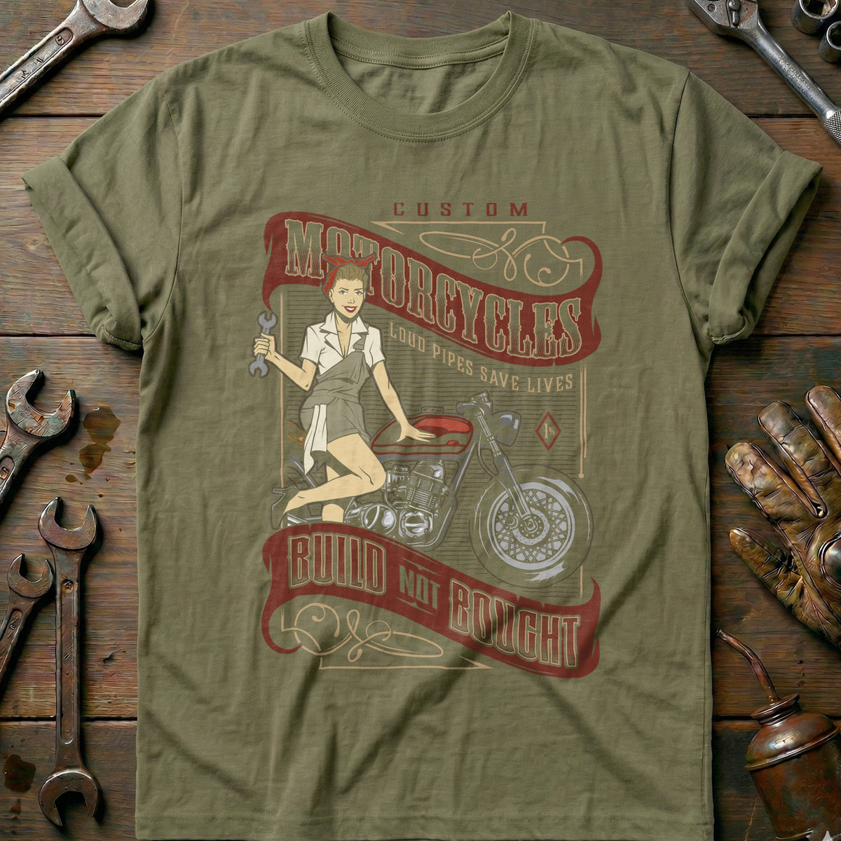 Olive - Motorcycles Pinup Girl Vintage T Shirt