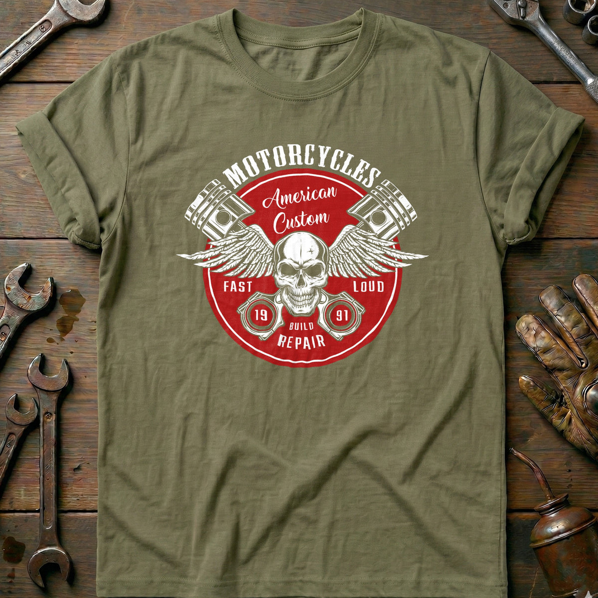 Olive - Piston wing skull vintage T Shirt