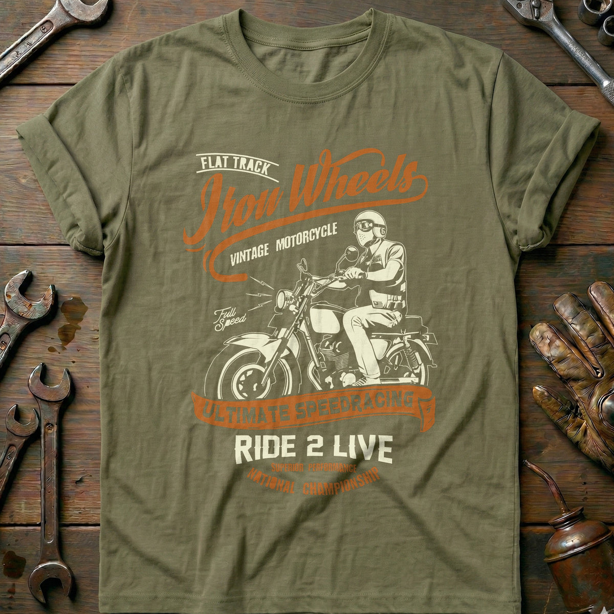 Olive - Biker Iron Wheels T-Shirt