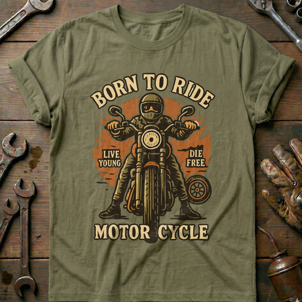 Olive - born to ride 21 motorcycle T Shirt